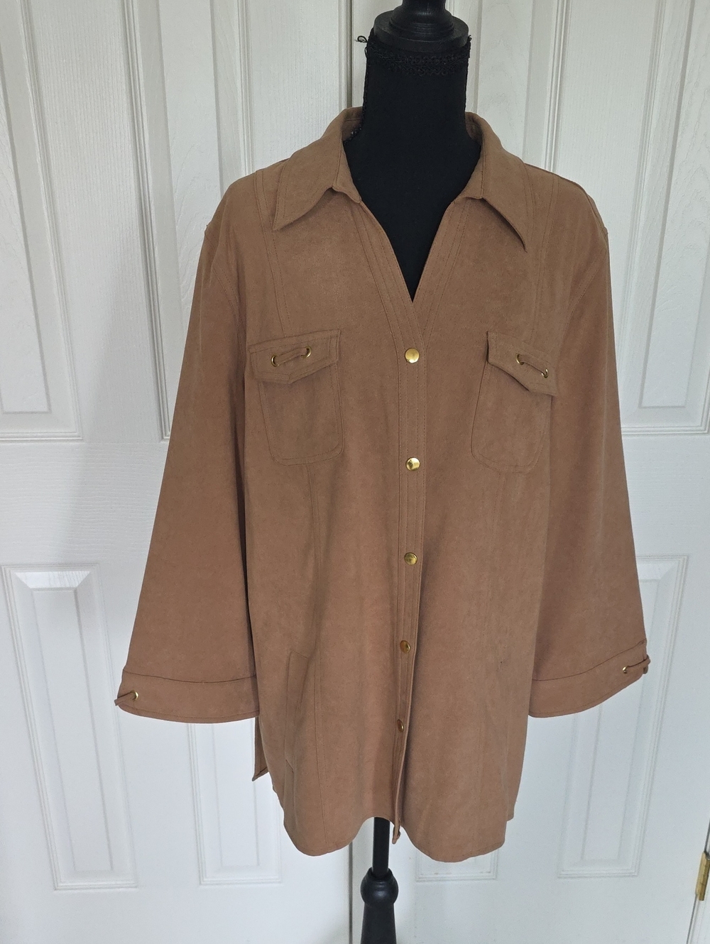 JM Collection Tan Suede-Feel Button-Front Shirt